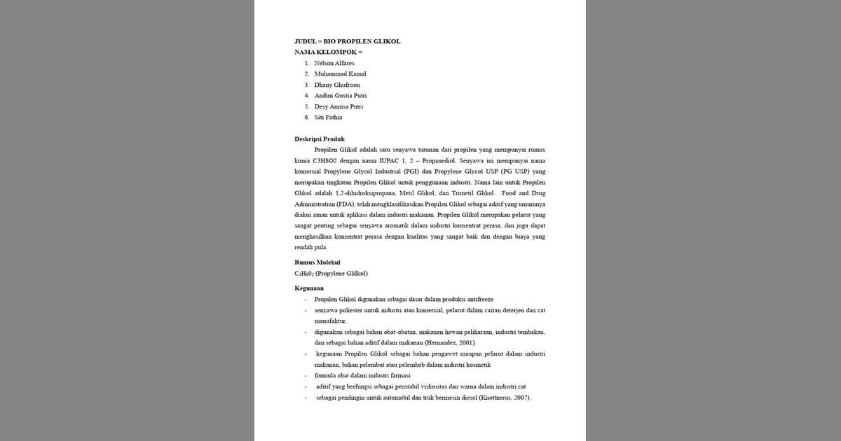 Senyawa Propilen Glikol (Sejarah, Karakteristik, Fungsi, Kegunaan Contoh) - Kegunaan dan Proses